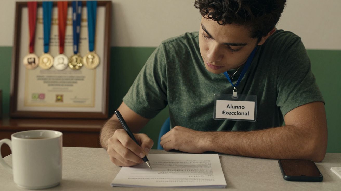 Jovem com crachá de "Aluno Excecional" a escrever, com medalhas e certificado ao fundo.