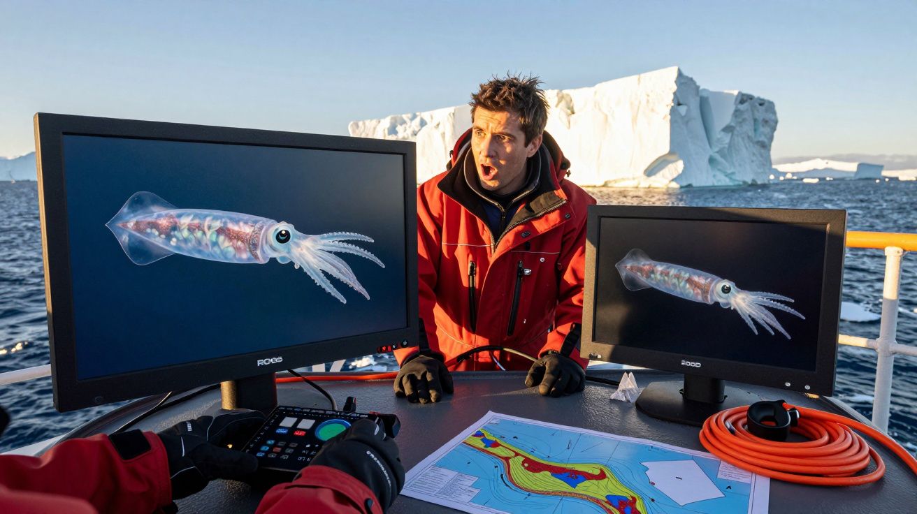 Cientista num barco com dois monitores exibindo lulas, em frente a um iceberg, com um mapa sobre a mesa.