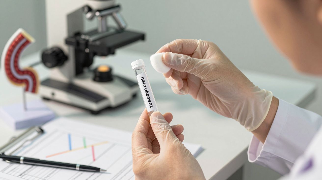 Pessoa com luvas segurando tubo de ensaio, microscópio ao fundo.