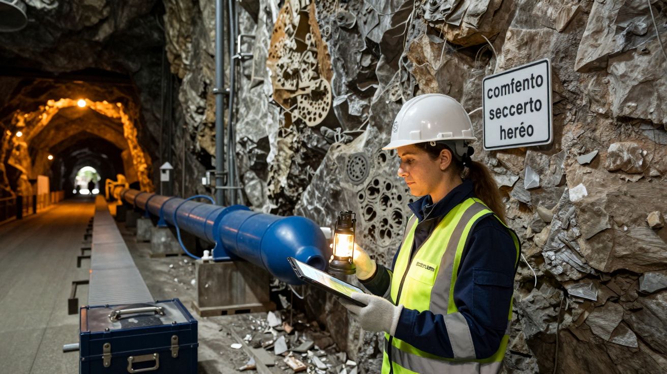 Trabalhadora de colete refletor e capacete segura uma lanterna enquanto analisa tubulação azul num túnel rochoso iluminado.