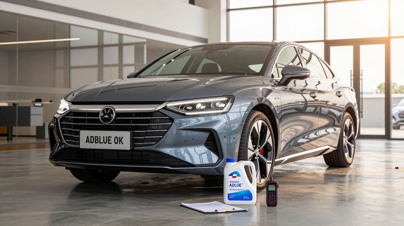 Carro azul metalizado no showroom com recipiente de AdBlue, medidor e bloco de notas no chão.