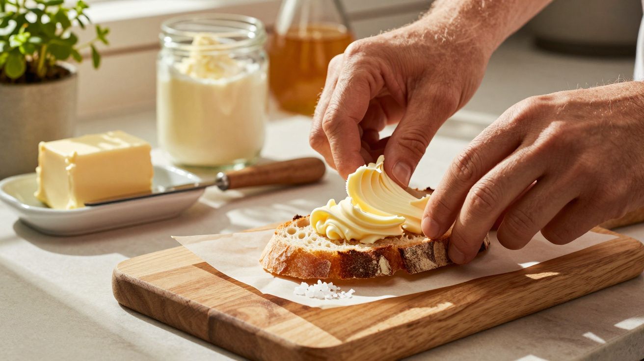 Mãos a barrar manteiga num pão sobre uma tábua de madeira, com ingredientes em segundo plano.
