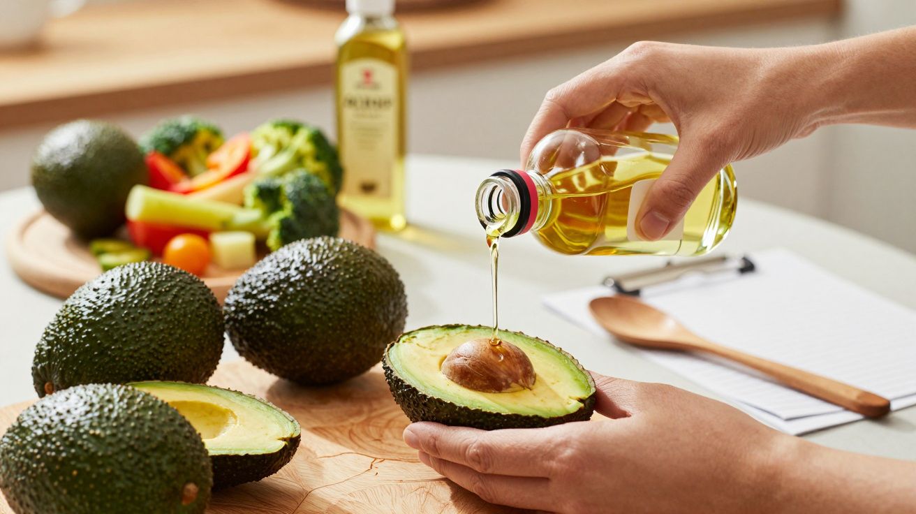 Pessoa a derramar azeite sobre meio abacate numa tábua de cortar rodeada por vegetais frescos.