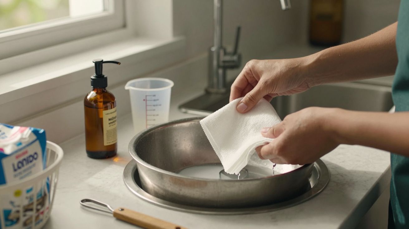 Mãos limpam uma taça de inox na cozinha, com detergente e pano, junto a uma janela e utensílios de cozinha.