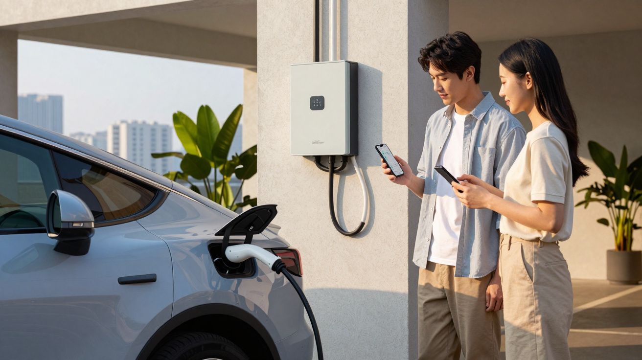 Casal a utilizar telemóveis enquanto carro elétrico está a carregar numa garagem, rodeados de plantas.