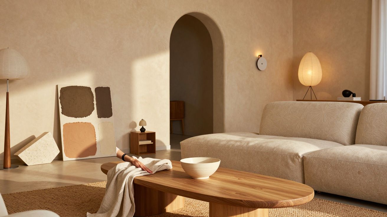 Sala de estar minimalista com sofá bege, mesa de madeira, abajur e arte encostada na parede em tons neutros.