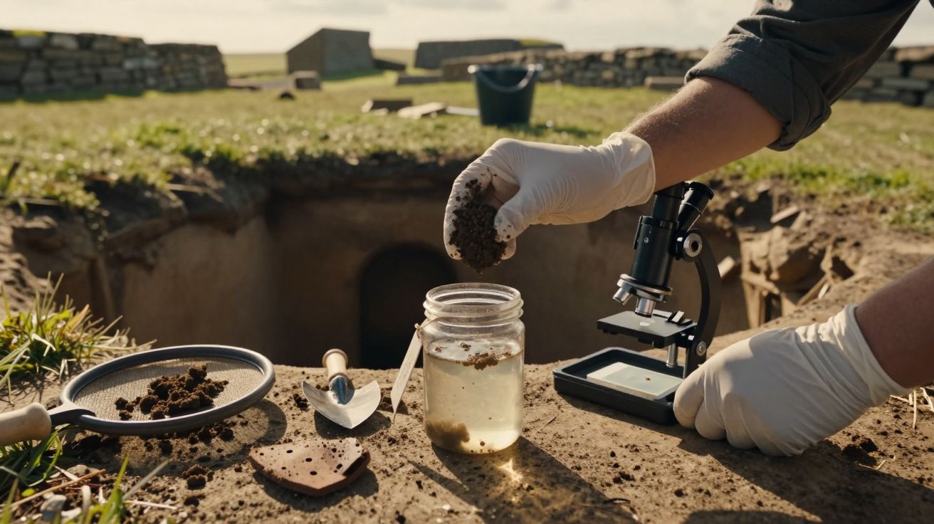 Pessoa com luvas examinando solo ao lado de uma escavação arqueológica com jarro, peneira e microscópio.