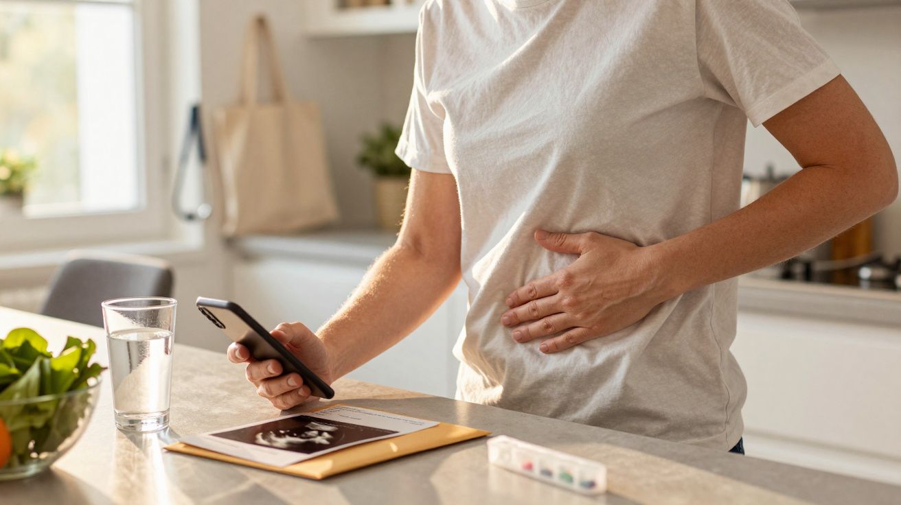 Pessoa segurando telemóvel e tocando na barriga, com um copo de água e vegetais na bancada da cozinha.