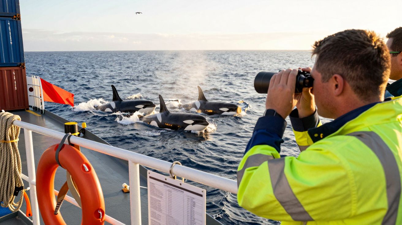 Homem observa grupo de orcas no mar a partir de um navio, usando binóculos.