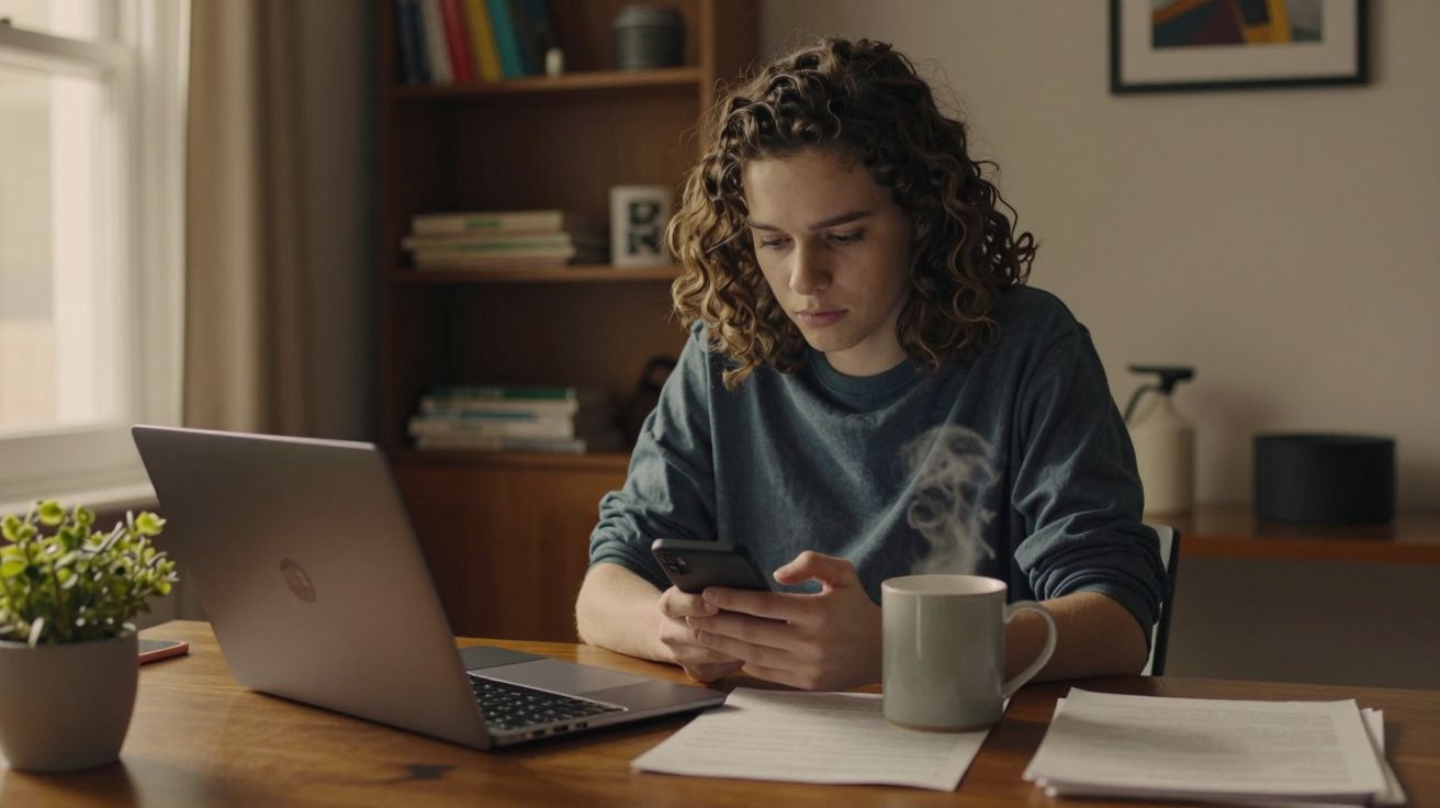 Pessoa sentada à mesa, usando telemóvel, com portátil aberto e chávena de café ao lado. Estante de livros ao fundo.