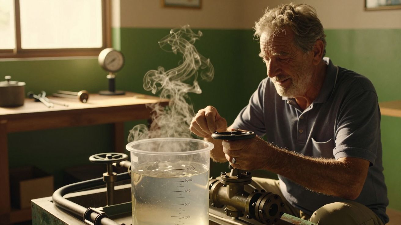 Homem idoso trabalha com equipamento científico e recipiente com vapor numa oficina iluminada pelo sol.