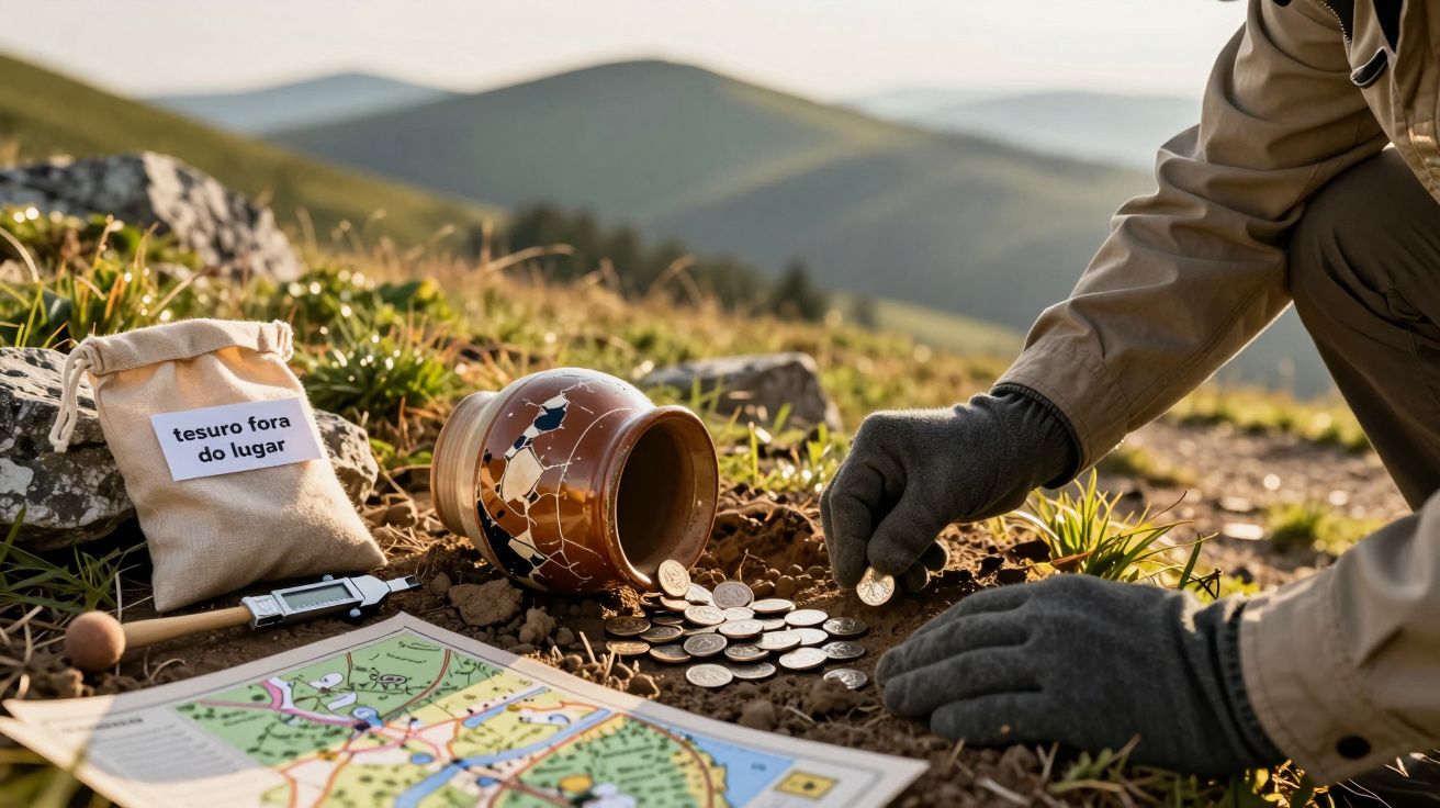 Pessoa descobrindo moedas ao lado de pote quebrado, mapa e saco marcado "tesouro fora do lugar" em colina gramada.