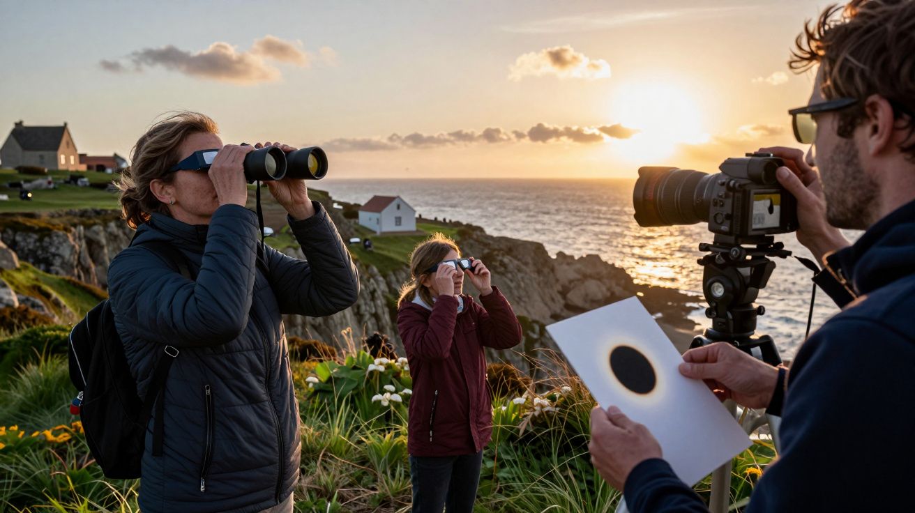 Pessoas observam o pôr do sol numa encosta à beira-mar, usando binóculos e uma câmara com filtro solar.