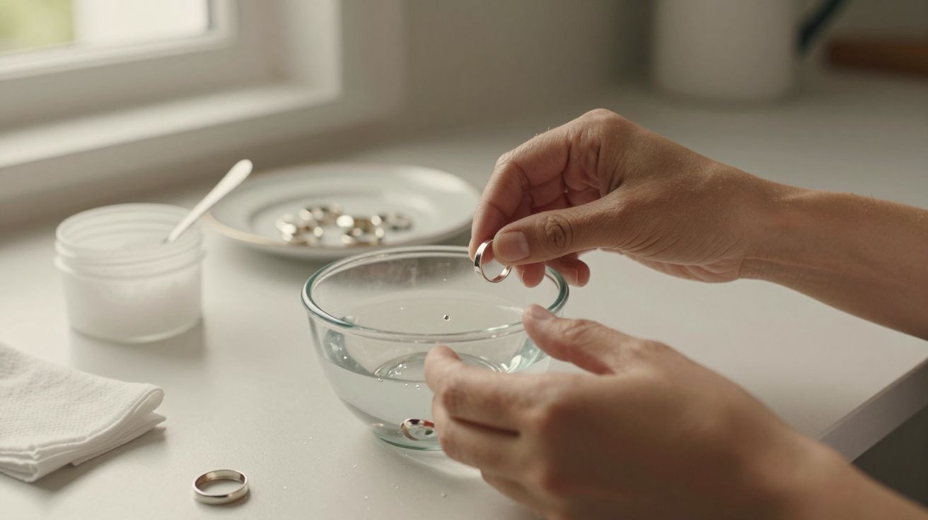 Mãos a limpar anéis numa taça com água em cima de uma superfície branca, com toalha e recipiente ao lado.