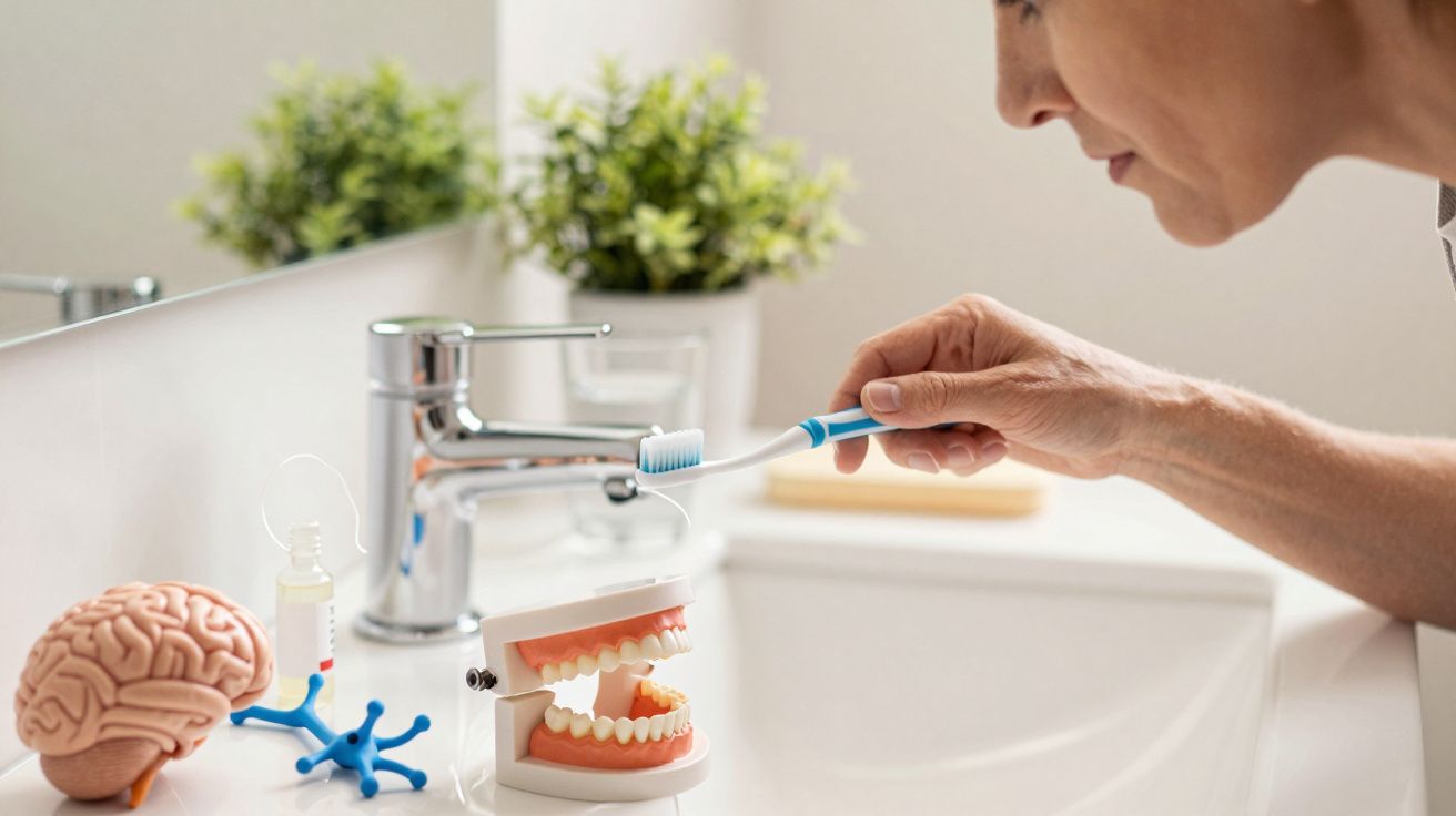 Pessoa a escovar um modelo de dentes numa casa de banho, junto a uma planta e um modelo de cérebro.