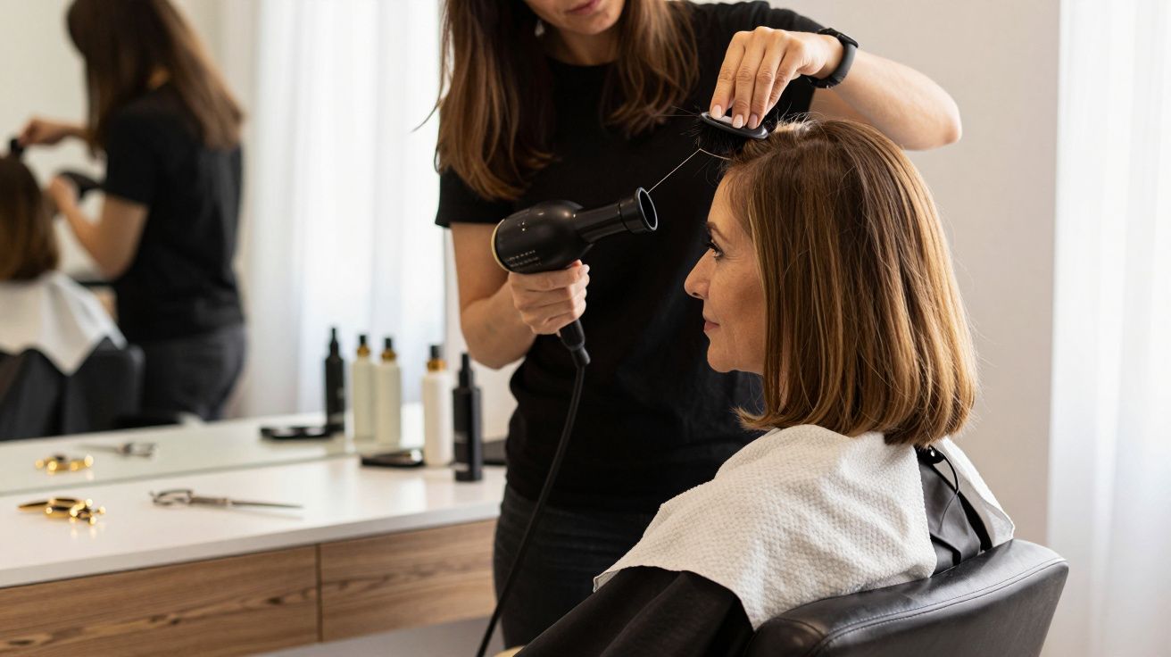 Mulher recebe secagem de cabelo num salão de beleza, com cabeleireira usando secador, frascos e tesoura na bancada.