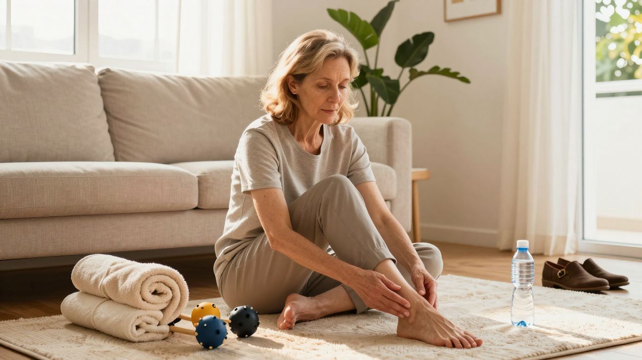 Mulher sentada no tapete, massajando a perna. Garrafa de água e toalhas ao lado, numa sala iluminada.