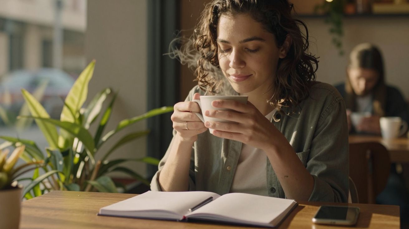 Mulher relaxa com chá quente numa cafetaria, enquanto lê um caderno aberto sobre a mesa perto da janela.
