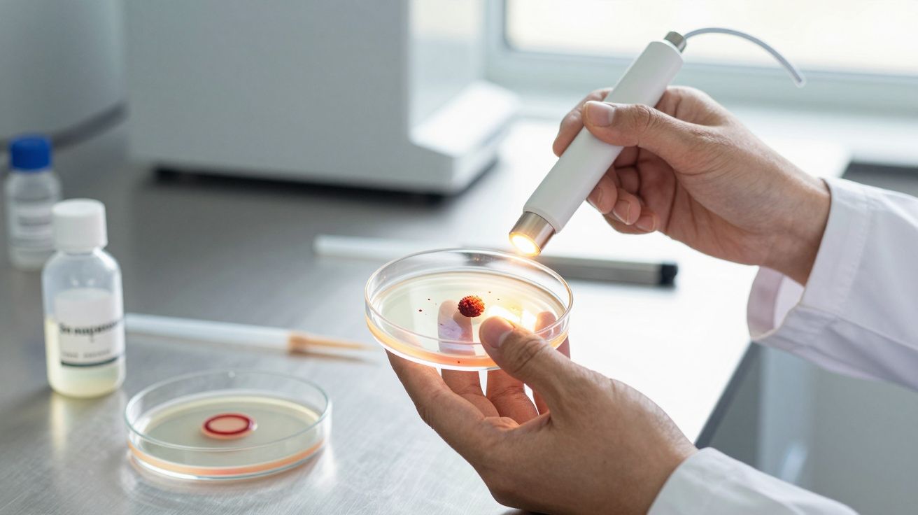 Mãos segurando uma placa de Petri com amostra, usando uma ferramenta de luz no laboratório.