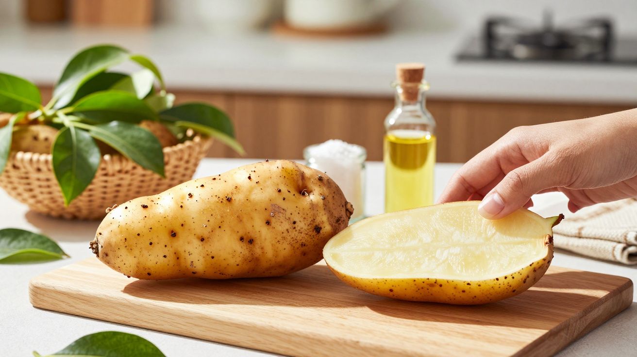 Mão segurando metade de batata cortada em tábua de madeira, com azeite e sal ao fundo na cozinha.