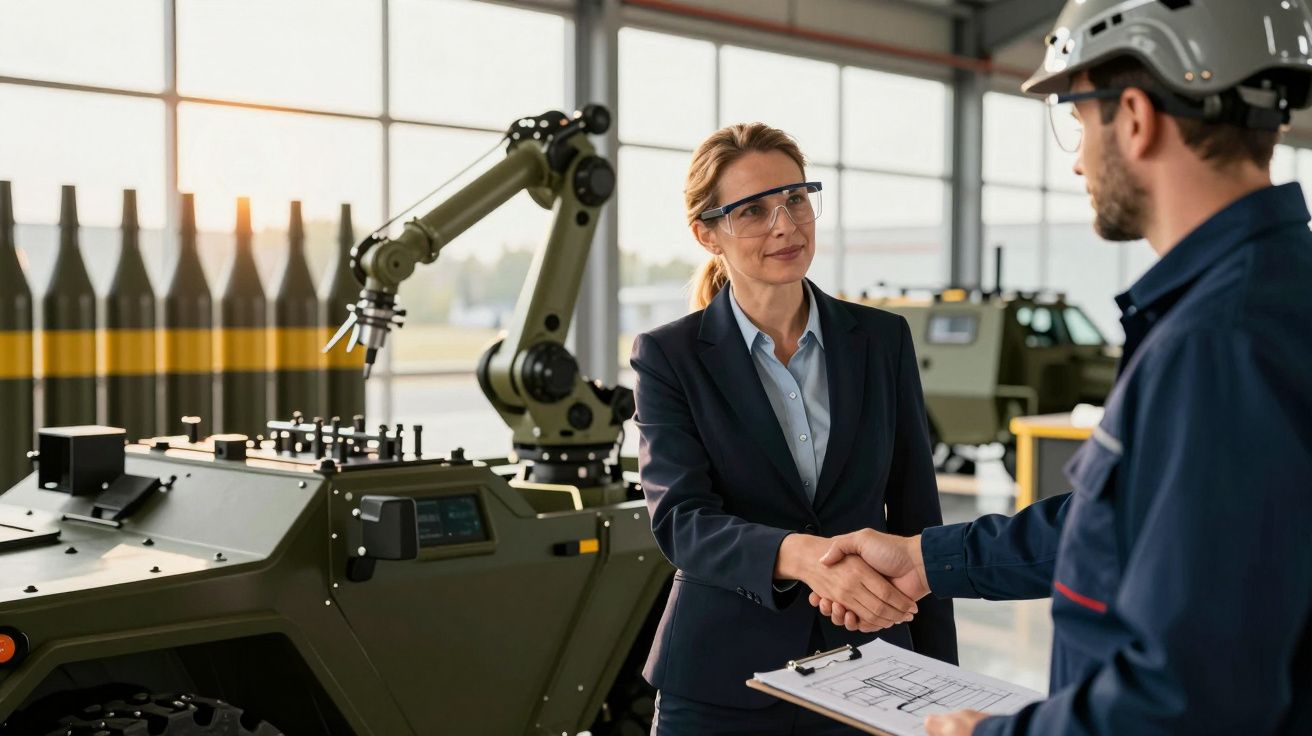 Mulher de óculos apertando a mão de um homem com capacete numa fábrica de robôs industriais.