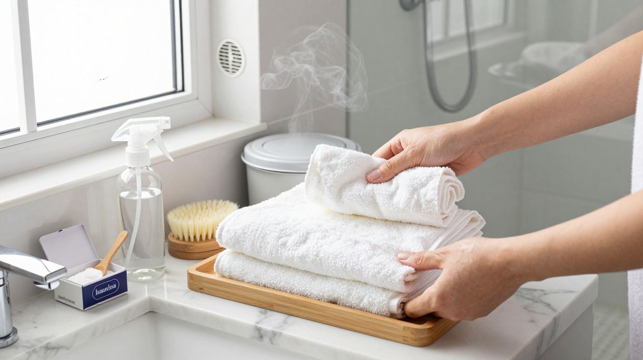Mãos a arrumar toalhas brancas sobre uma bandeja de madeira no lavatório, com acessórios de casa de banho ao lado.
