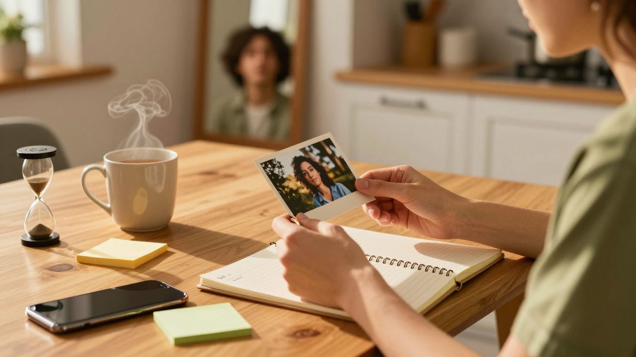 Pessoa segurando uma foto instantânea sobre mesa com chávena, ampulheta e caderno, reflexo no fundo.