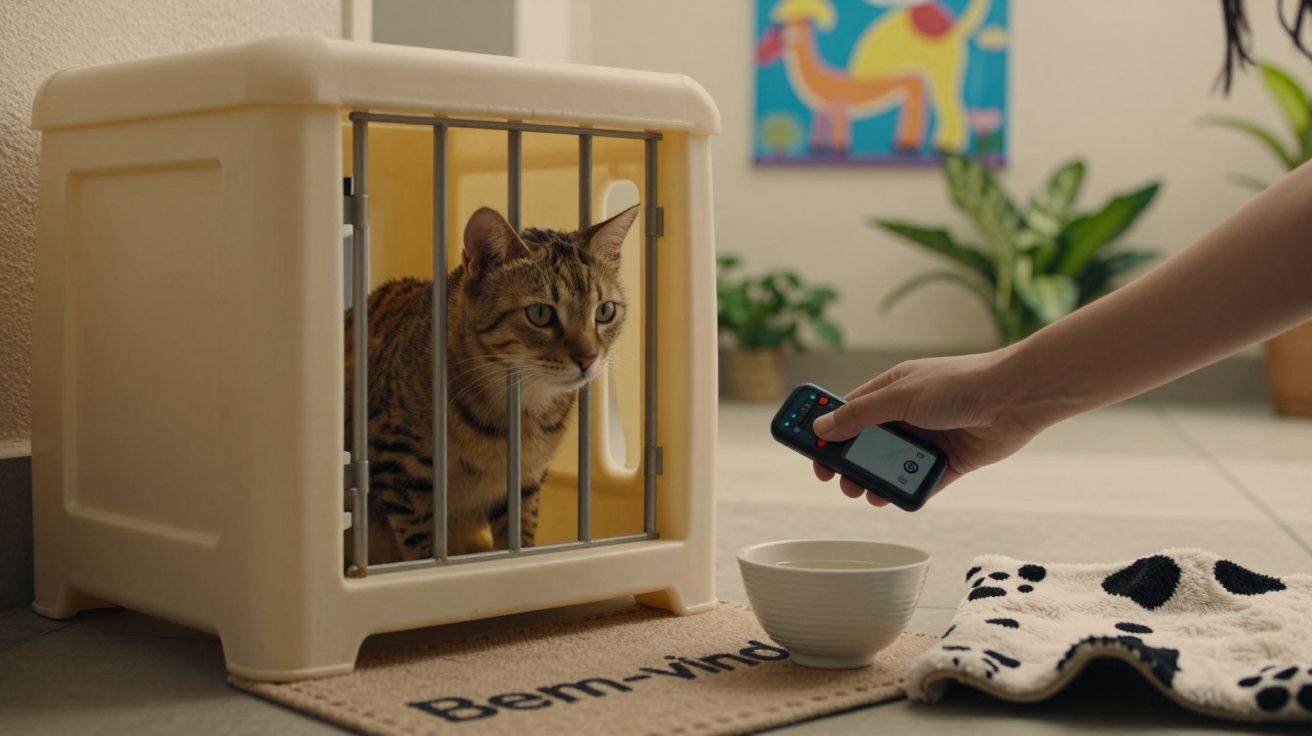 Gato dentro de uma caixa com grades, pessoa segurando um comando à distância perto de uma tigela e um tapete.