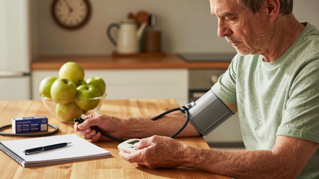 Homem idoso medindo a pressão arterial em casa, com bloco de notas, caneta e maçãs na mesa.