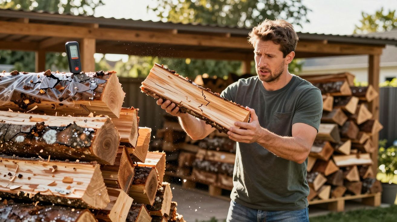 Homem examina lenha rachada empilhada ao ar livre com medidor de humidade ao lado.