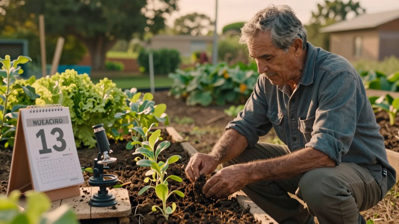Homem a plantar mudas num jardim, ao lado de um calendário e uma lupa em 13 de agosto.