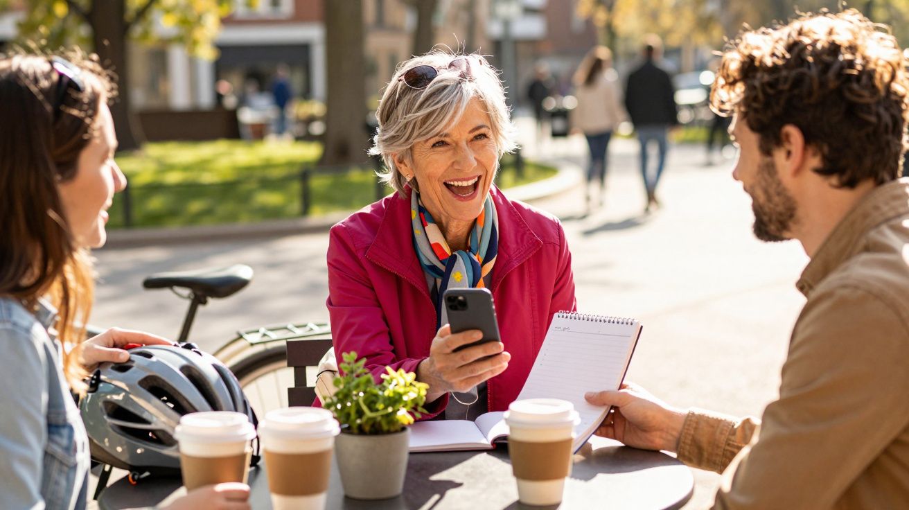 Grupo de pessoas a conversar e rir num café ao ar livre, com cafés e capacete sobre a mesa.