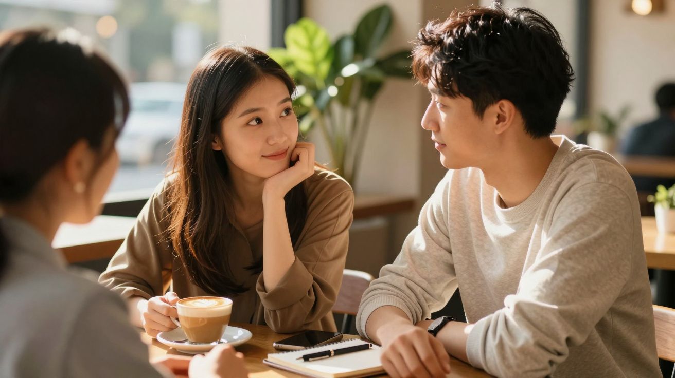 Três pessoas conversam numa cafetaria, uma mulher ao centro olha para um homem à sua frente enquanto segura uma chávena.
