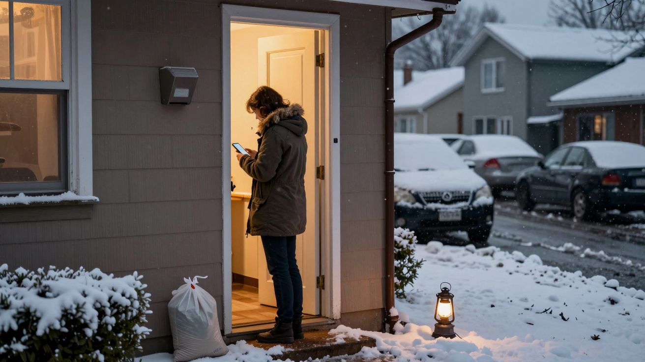 Pessoa à porta de casa no inverno, segurando telemóvel. Nieve no chão, lanterna e saco ao lado.