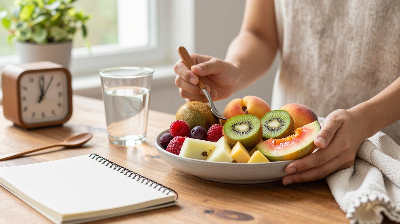 Pessoa segura prato com frutas variadas em mesa de madeira, ao lado de caderno, relógio e copo de água.