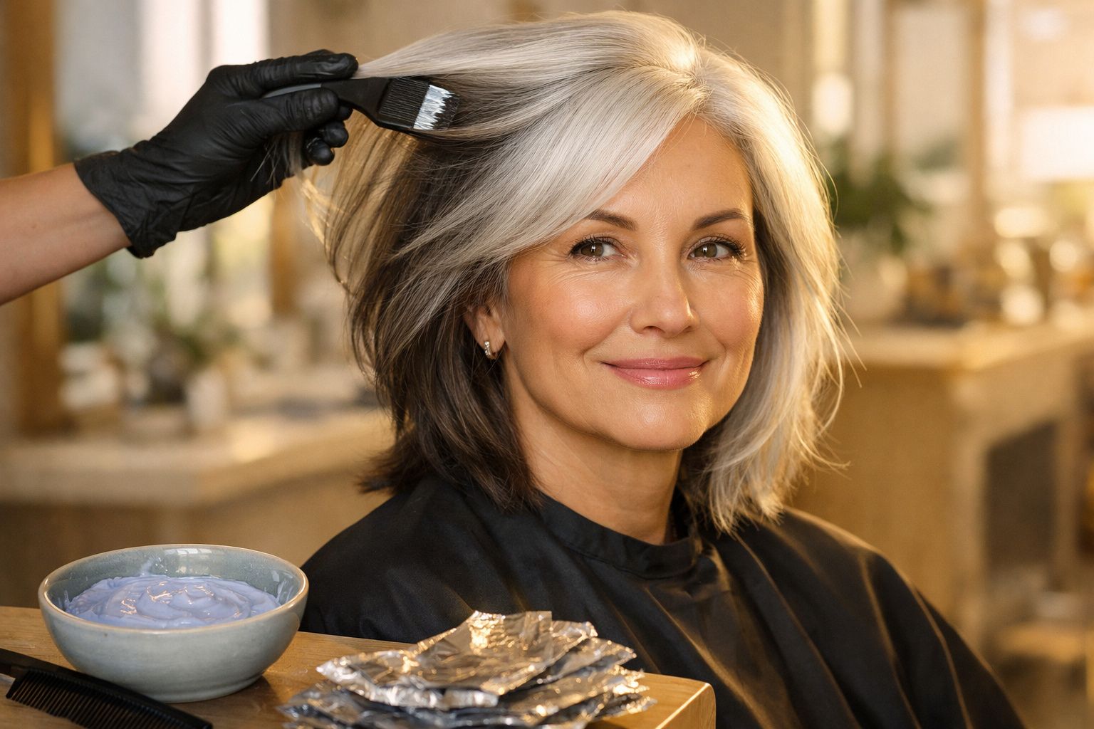 Mulher com cabelo grisalho a sorrir enquanto recebe coloração no cabeleireiro.