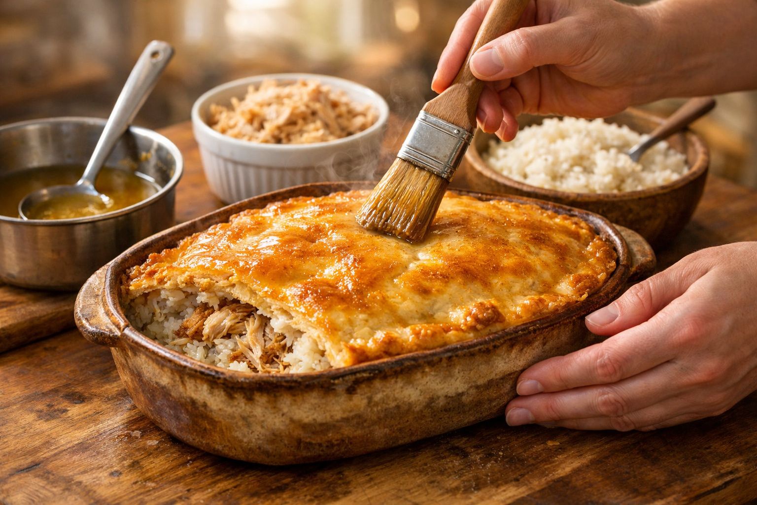 Mãos a verter caldo sobre arroz cozido numa travessa branca, com uma colher de pau a mexer. Panelas em segundo plano.