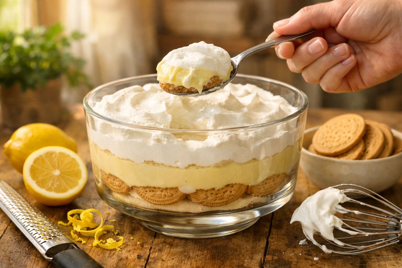 Mãos decoram pavê com bolachas e chantilly em taça de vidro; limão e ingredientes estão sobre a mesa de madeira.